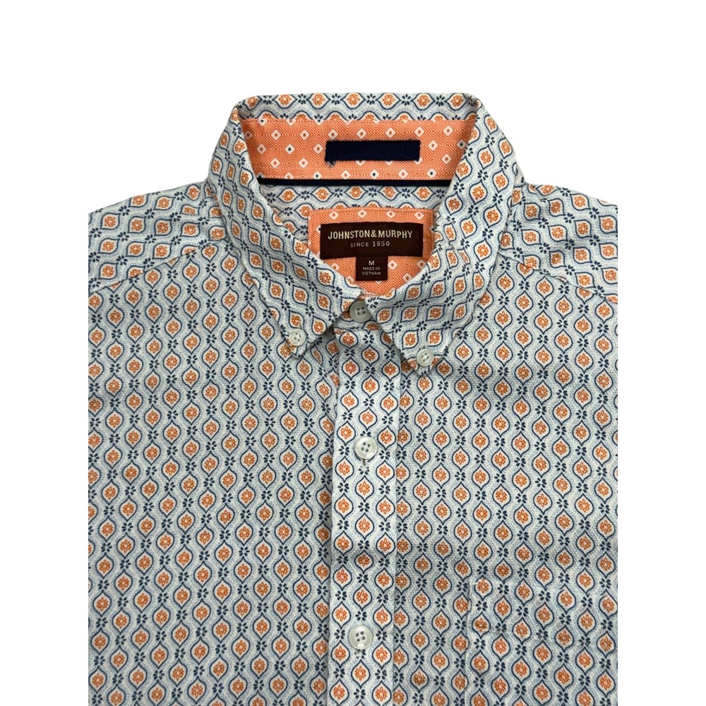 Johnston‎ & Murphy Button Down Shirt Mens M Orange Blue Geometric Medallion SS